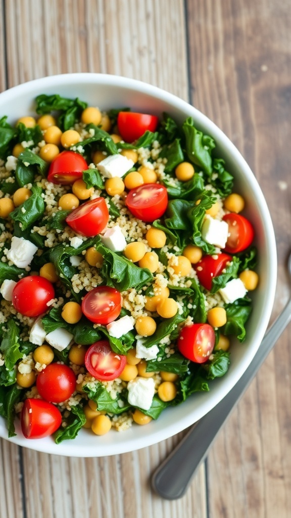 A nutritious kale salad with quinoa, chickpeas, cherry tomatoes, and feta cheese on a wooden table.